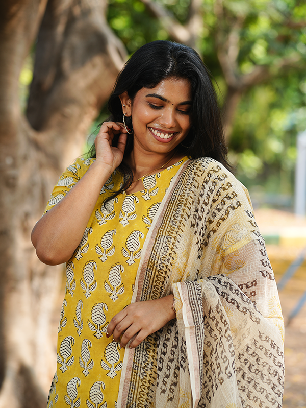 Benisha Yellow Printed Kurti set [ Top + Bottom + Dupatta] view 3
