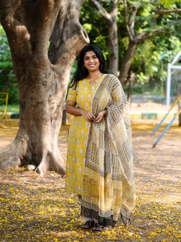 Benisha Yellow Printed Kurti set [ Top + Bottom + Dupatta] view 4