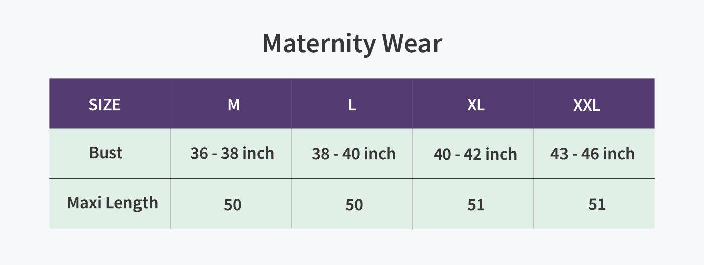 Size chart for Maxi Aarna Casual Dress[Non-Feeding]
