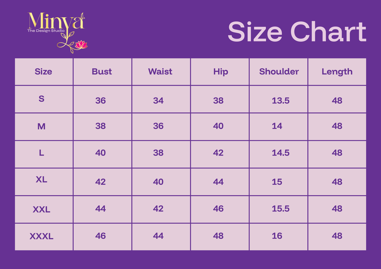 Size chart for Mysha Feeding maxi’s with zips